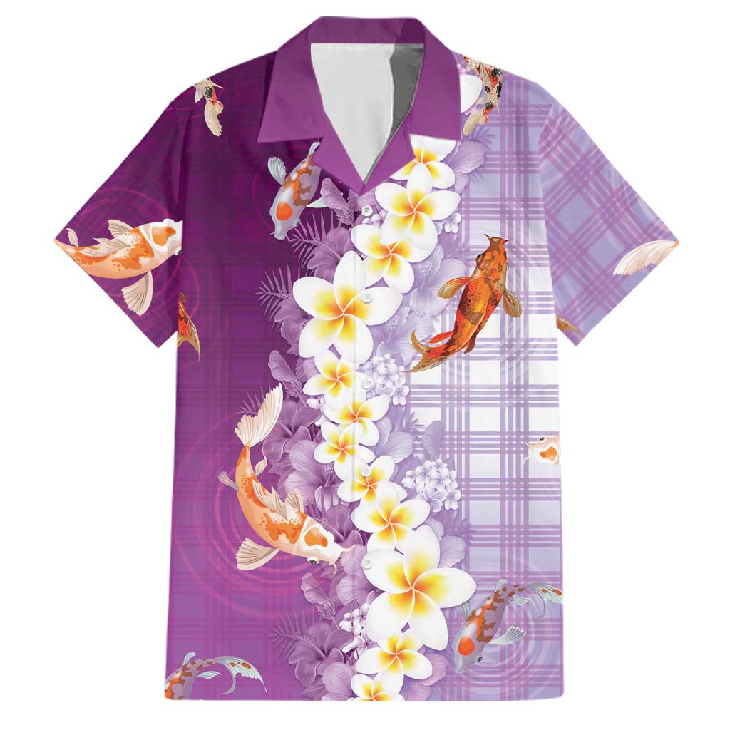 Hawaii And Japan Family Matching Summer Maxi Dress and Hawaiian Shirt Plumeria Lei With Koi Fish Purple LT05 Dad's Shirt - Short Sleeve Purple - Polynesian Pride