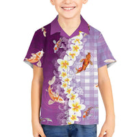 Hawaii And Japan Family Matching Summer Maxi Dress and Hawaiian Shirt Plumeria Lei With Koi Fish Purple LT05 Son's Shirt Purple - Polynesian Pride
