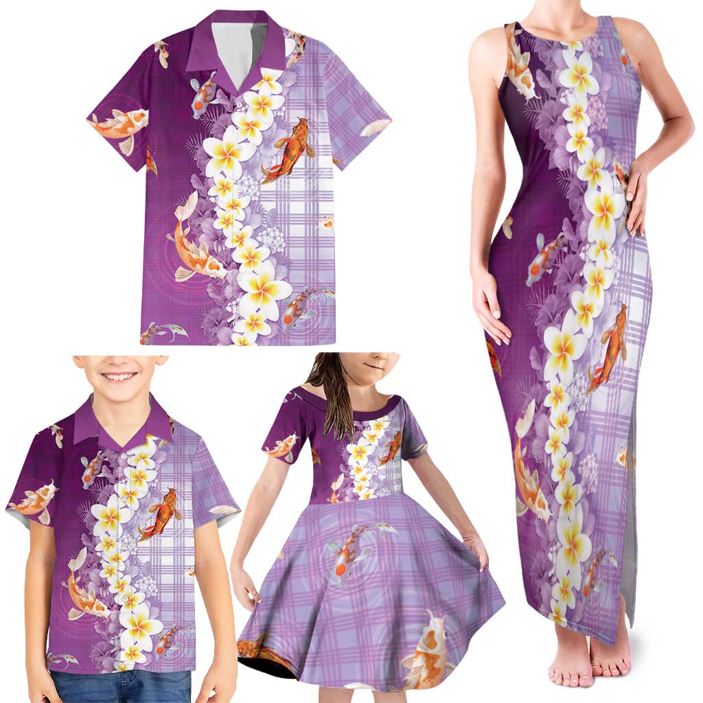 Hawaii And Japan Family Matching Tank Maxi Dress and Hawaiian Shirt Plumeria Lei With Koi Fish Purple - Polynesian Pride