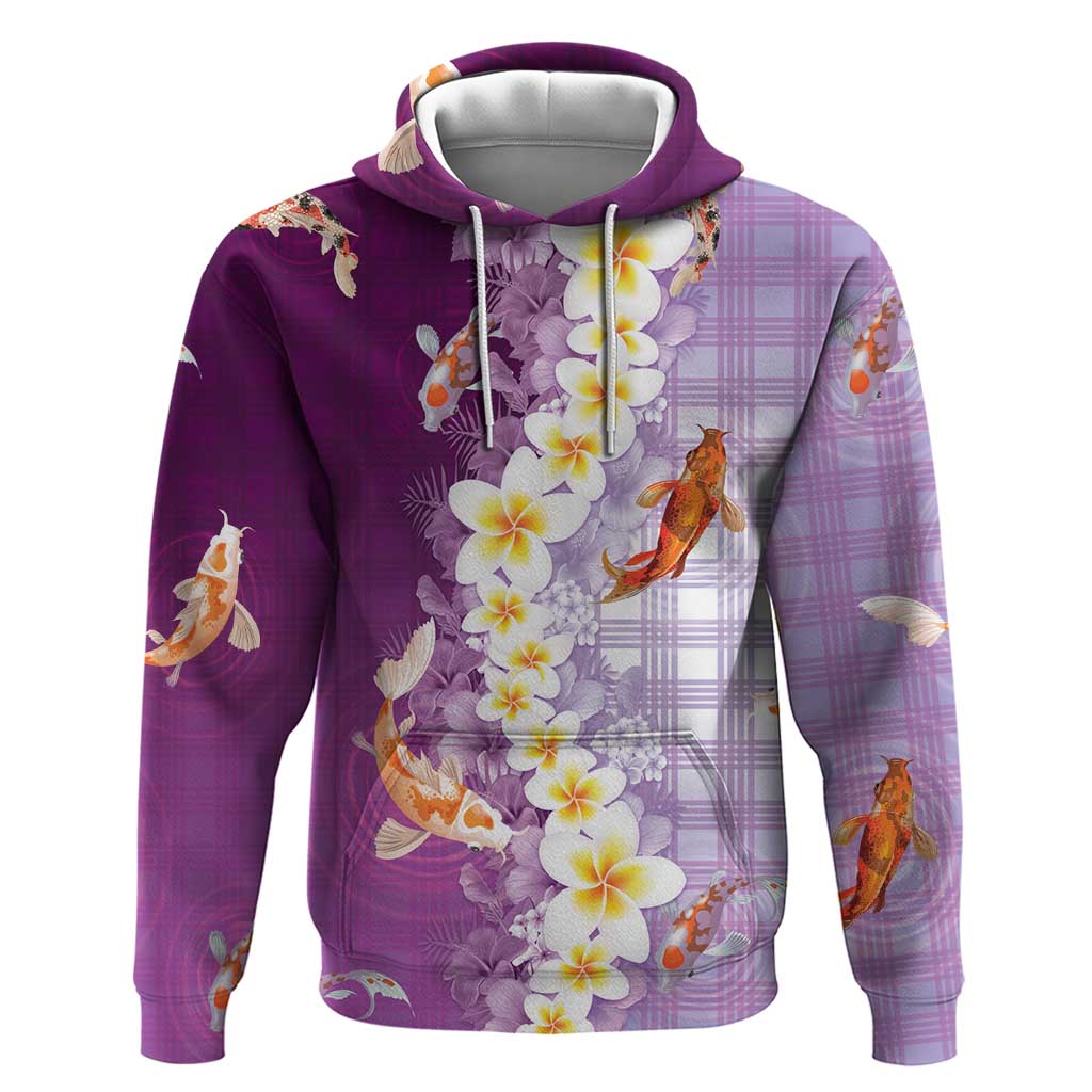 Hawaii And Japan Hoodie Plumeria Lei With Koi Fish Purple LT05 Pullover Hoodie Purple - Polynesian Pride