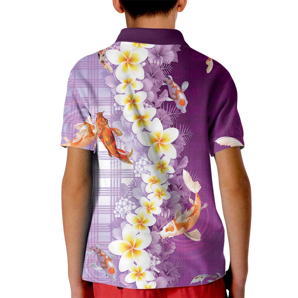 Hawaii And Japan Kid Polo Shirt Plumeria Lei With Koi Fish Purple LT05 - Polynesian Pride