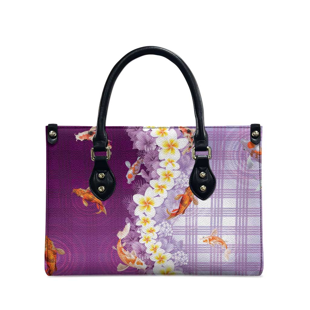 Hawaii And Japan Leather Bag Plumeria Lei With Koi Fish Purple LT05 - Polynesian Pride
