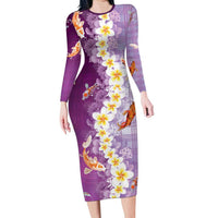 Hawaii And Japan Long Sleeve Bodycon Dress Plumeria Lei With Koi Fish Purple LT05 Long Dress Purple - Polynesian Pride