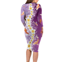 Hawaii And Japan Long Sleeve Bodycon Dress Plumeria Lei With Koi Fish Purple LT05 - Polynesian Pride