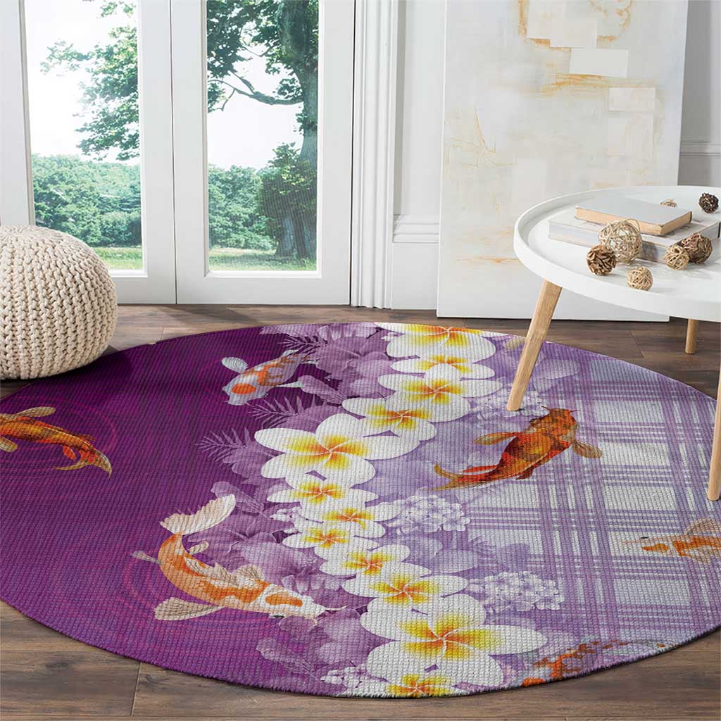 Hawaii And Japan Round Carpet Plumeria Lei With Koi Fish Purple LT05 - Polynesian Pride