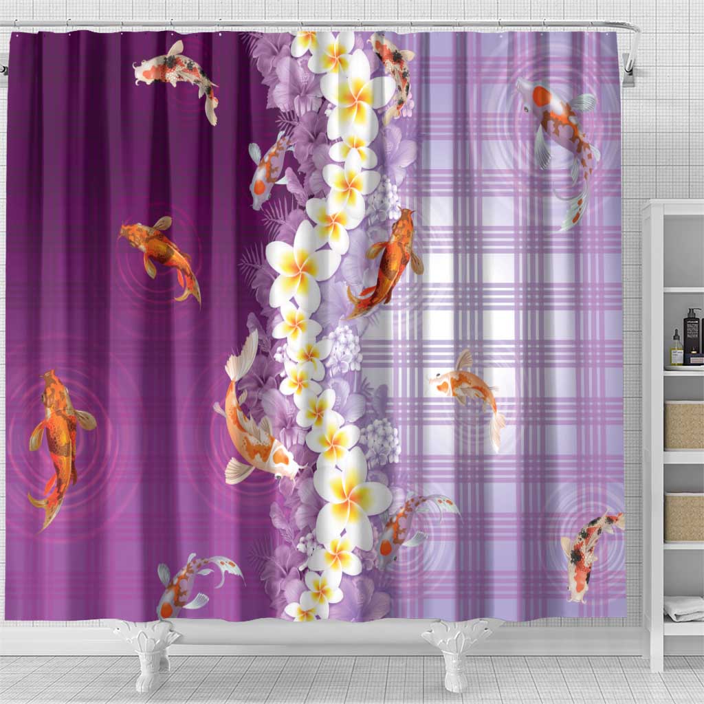 Hawaii And Japan Shower Curtain Plumeria Lei With Koi Fish Purple - Polynesian Pride