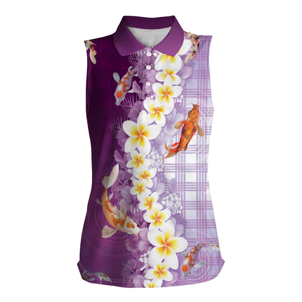 Hawaii And Japan Women Sleeveless Polo Shirt Plumeria Lei With Koi Fish Purple LT05 Female Purple - Polynesian Pride