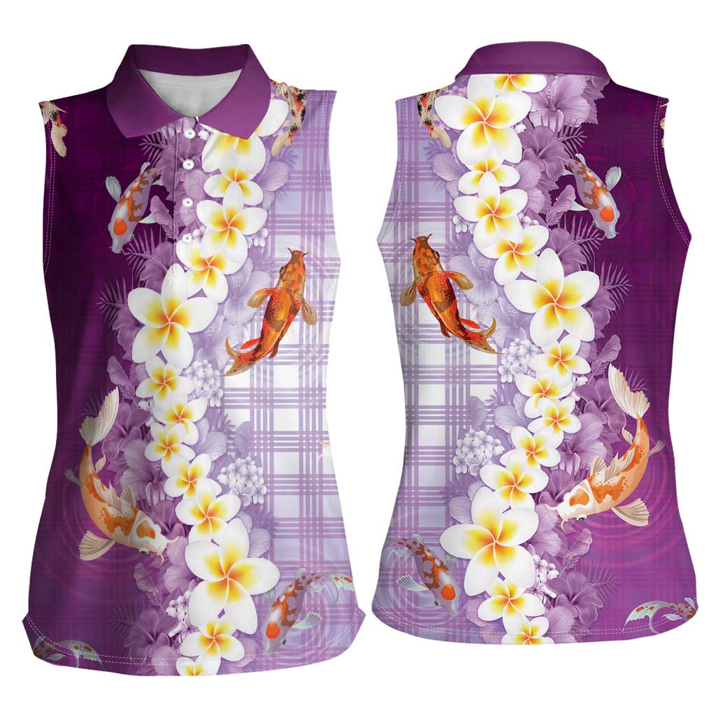 Hawaii And Japan Women Sleeveless Polo Shirt Plumeria Lei With Koi Fish Purple LT05 - Polynesian Pride