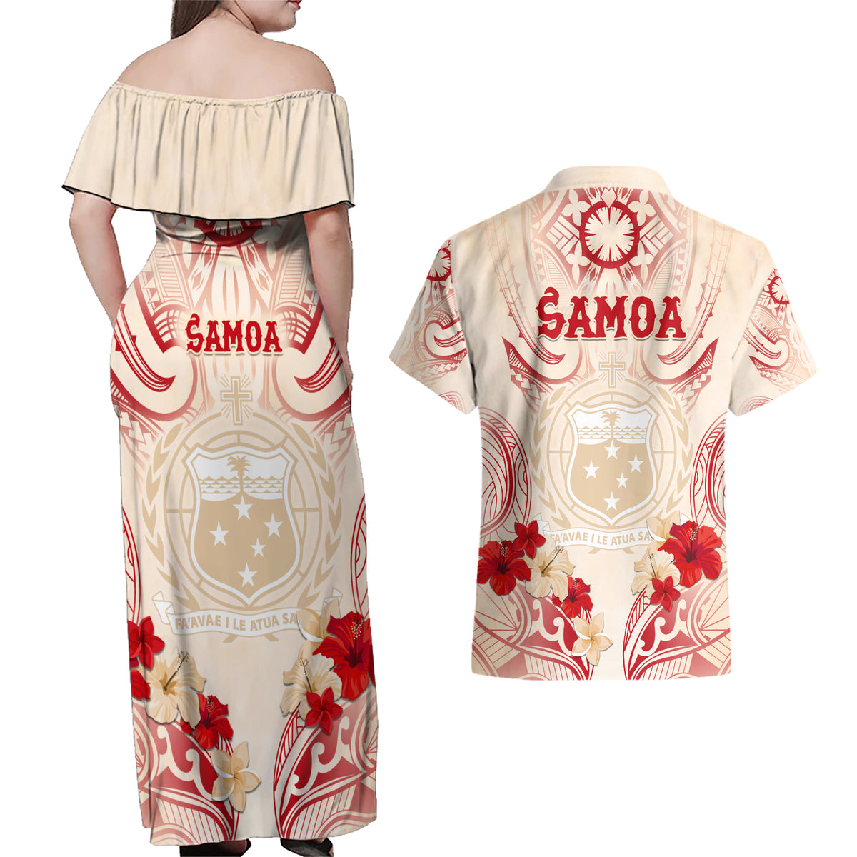 Siva Samoa Couples Matching Off Shoulder Maxi Dress and Hawaiian Shirt Samoan Taupou With Polynesian Pattern LT05 - Polynesian Pride
