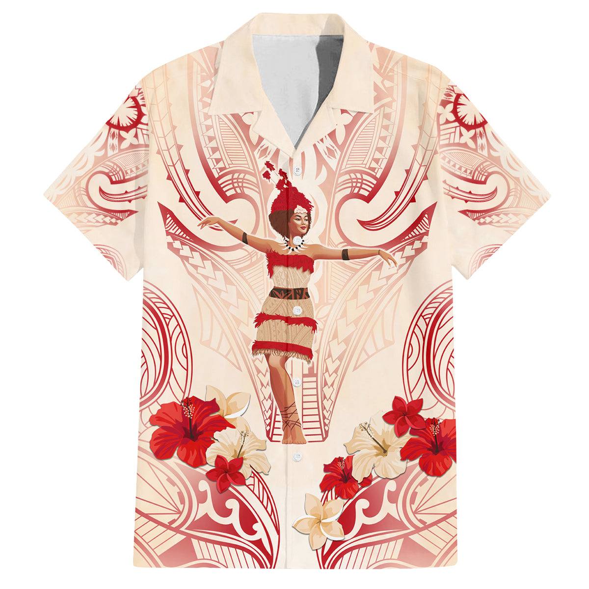 Siva Samoa Family Matching Off Shoulder Short Dress and Hawaiian Shirt Samoan Taupou With Polynesian Pattern LT05 Dad's Shirt - Short Sleeve Beige - Polynesian Pride