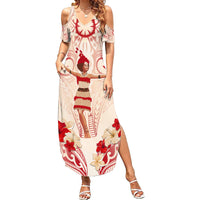 Siva Samoa Family Matching Summer Maxi Dress and Hawaiian Shirt Samoan Taupou With Polynesian Pattern LT05 Mom's Dress Beige - Polynesian Pride