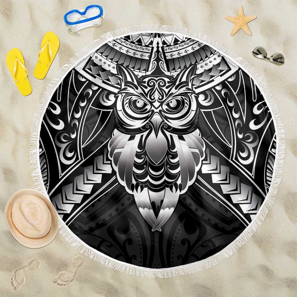 New Zealand Morepork Beach Blanket Maori Pattern Black