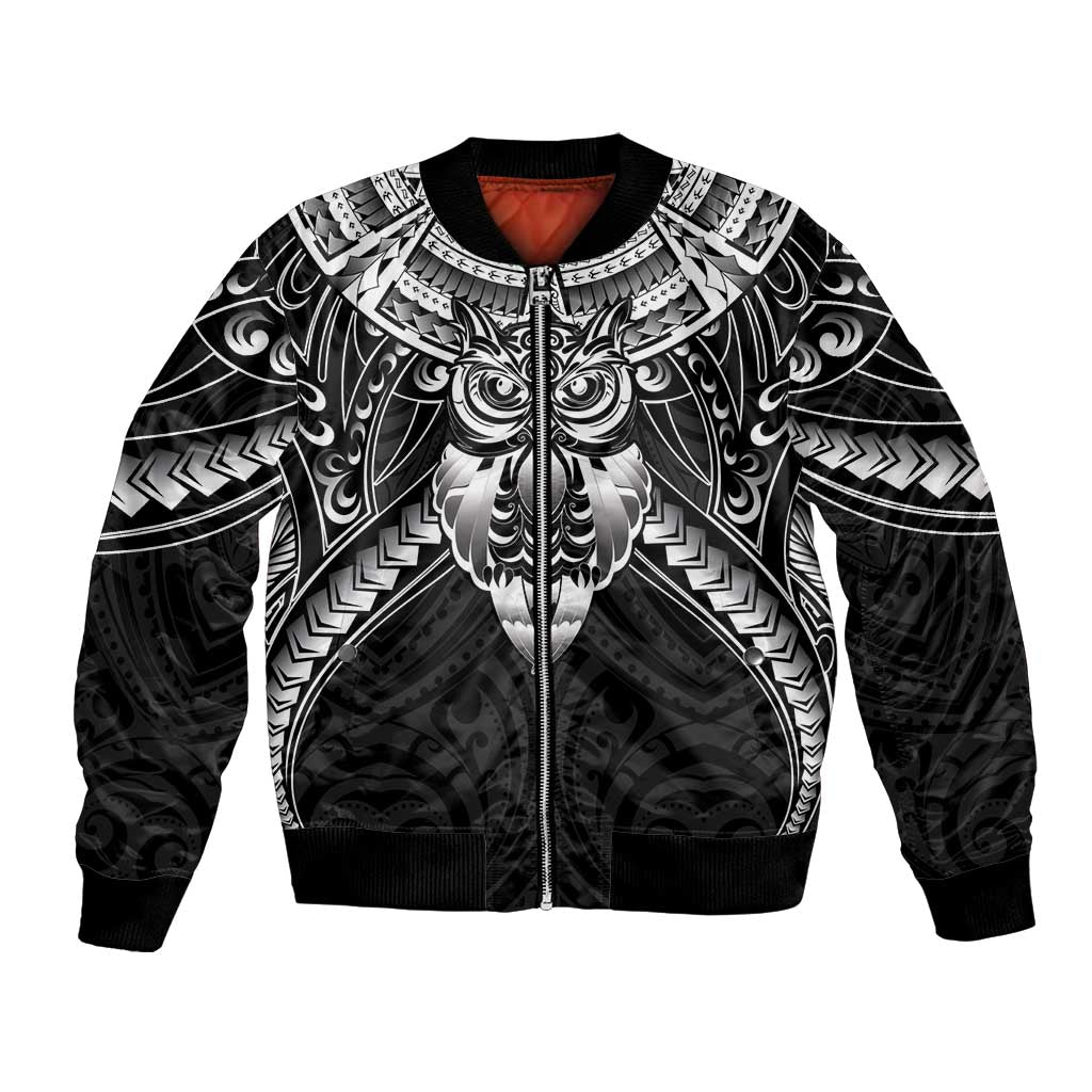 New Zealand Morepork Bomber Jacket Maori Pattern Black LT05 Unisex Black - Polynesian Pride
