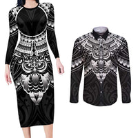 New Zealand Morepork Couples Matching Long Sleeve Bodycon Dress and Long Sleeve Button Shirt Maori Pattern Black