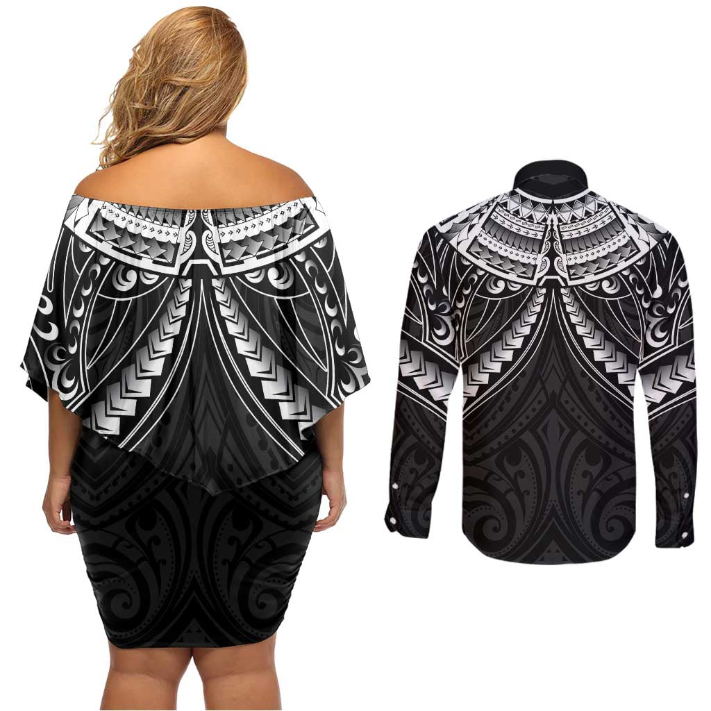 New Zealand Morepork Couples Matching Off Shoulder Short Dress and Long Sleeve Button Shirt Maori Pattern Black LT05 - Polynesian Pride