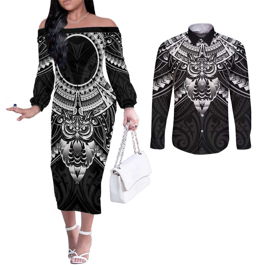 New Zealand Morepork Couples Matching Off The Shoulder Long Sleeve Dress and Long Sleeve Button Shirt Maori Pattern Black