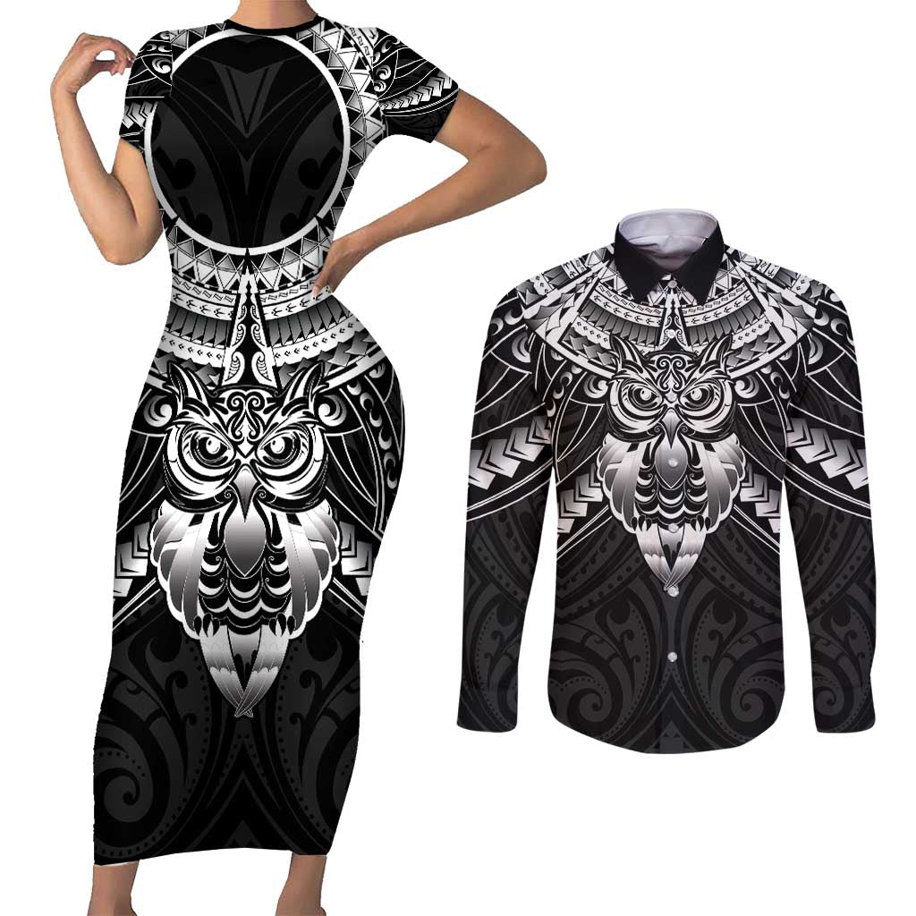 New Zealand Morepork Couples Matching Short Sleeve Bodycon Dress and Long Sleeve Button Shirt Maori Pattern Black
