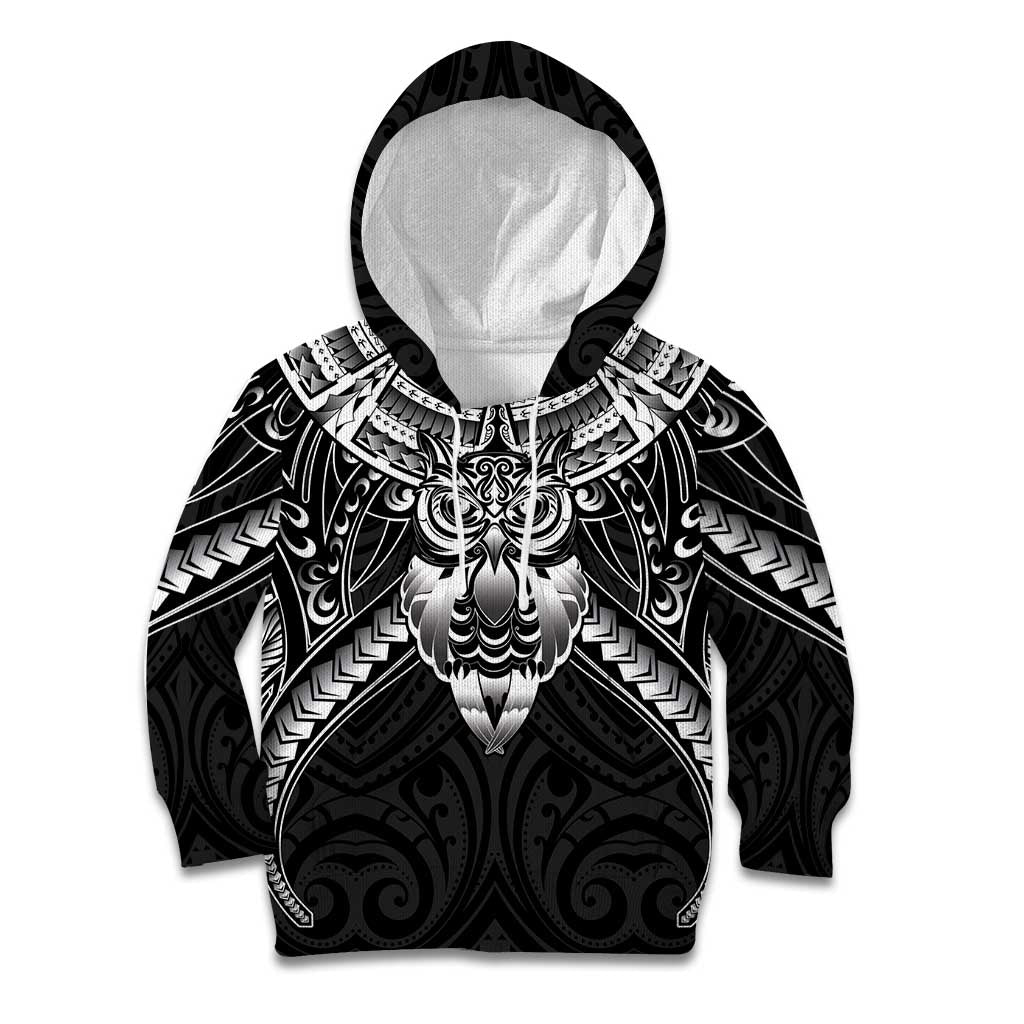 New Zealand Morepork Kid Hoodie Maori Pattern Black
