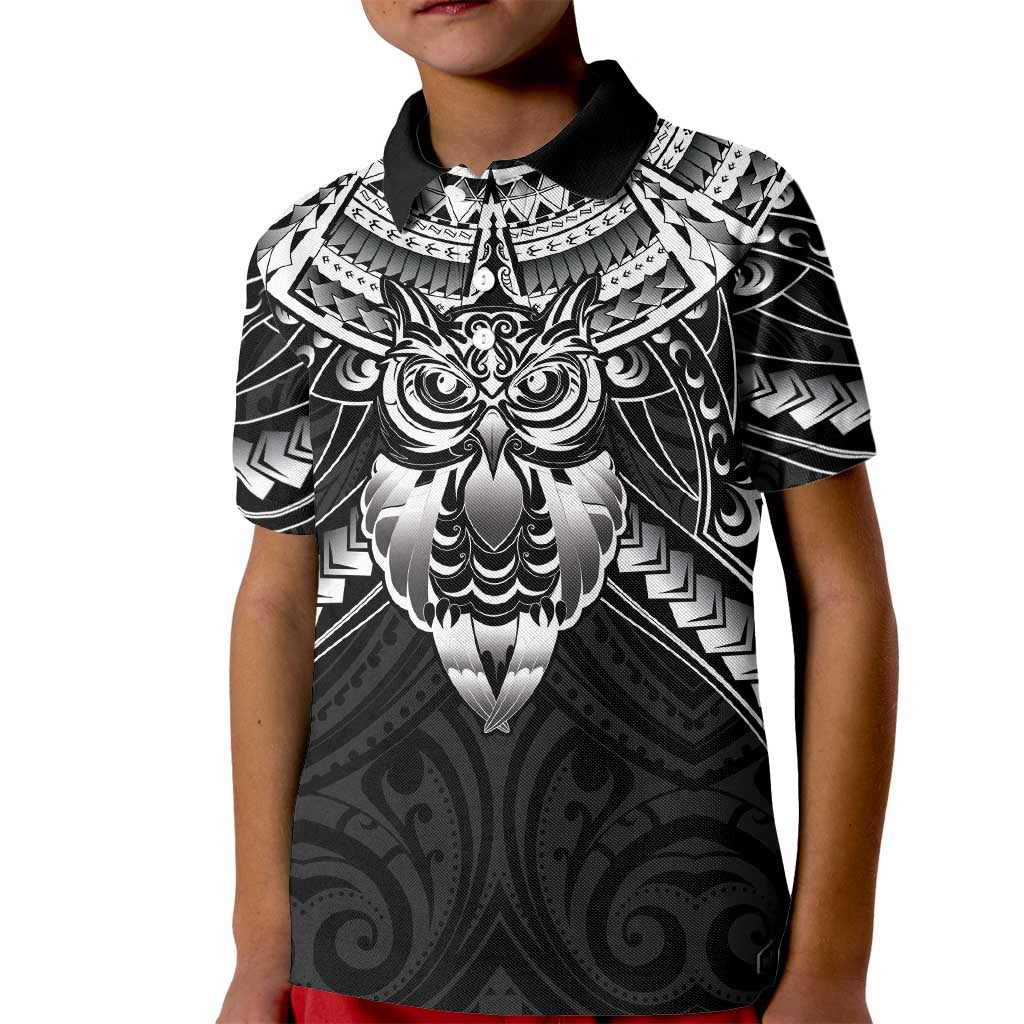 New Zealand Morepork Kid Polo Shirt Maori Pattern Black