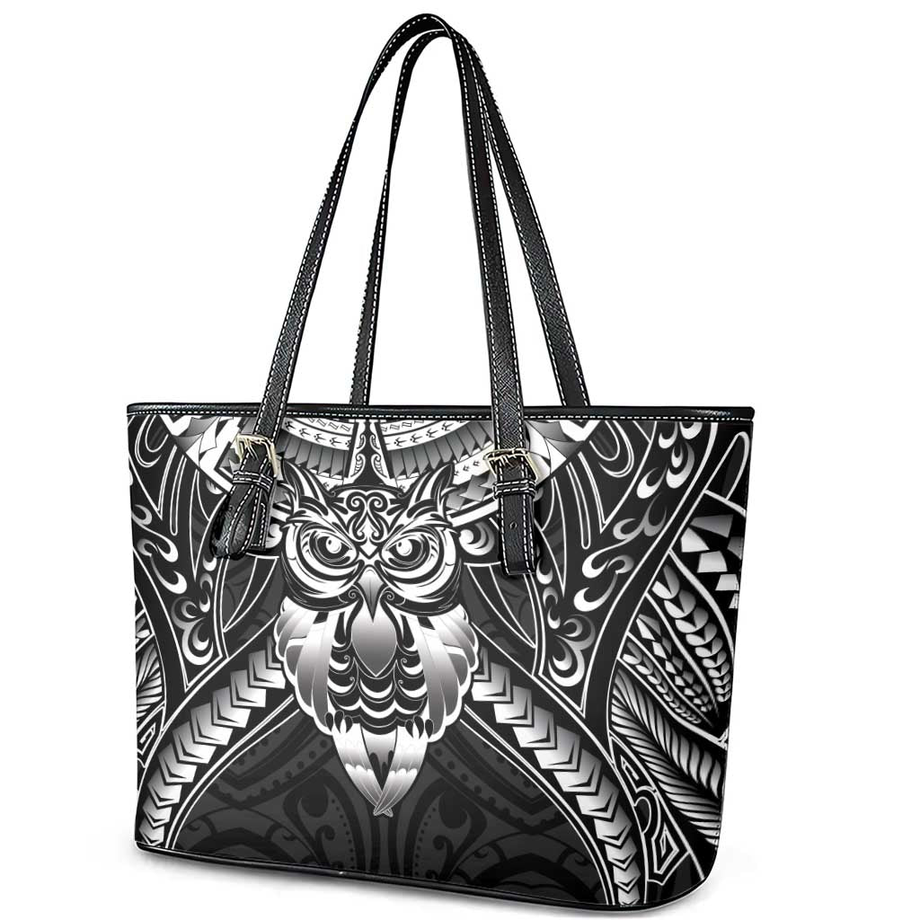 New Zealand Morepork Leather Tote Bag Maori Pattern Black