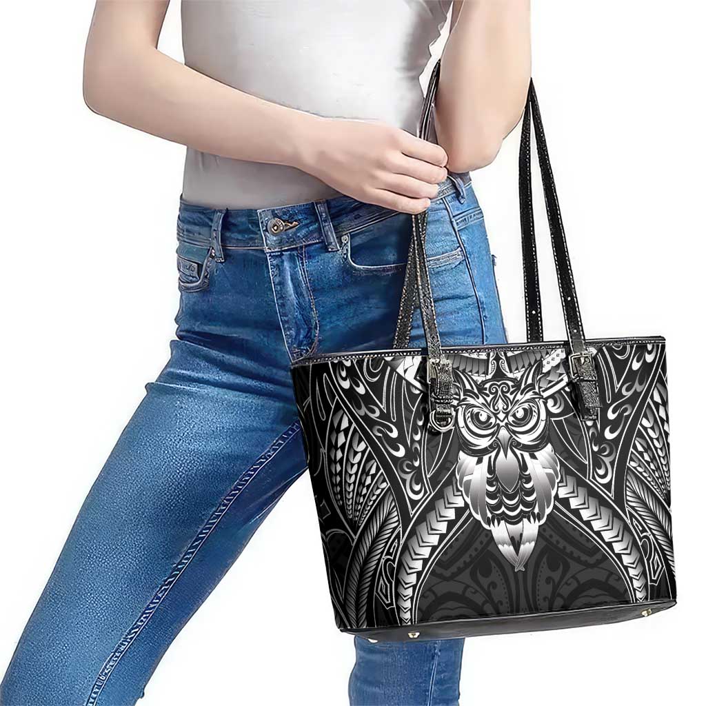 New Zealand Morepork Leather Tote Bag Maori Pattern Black