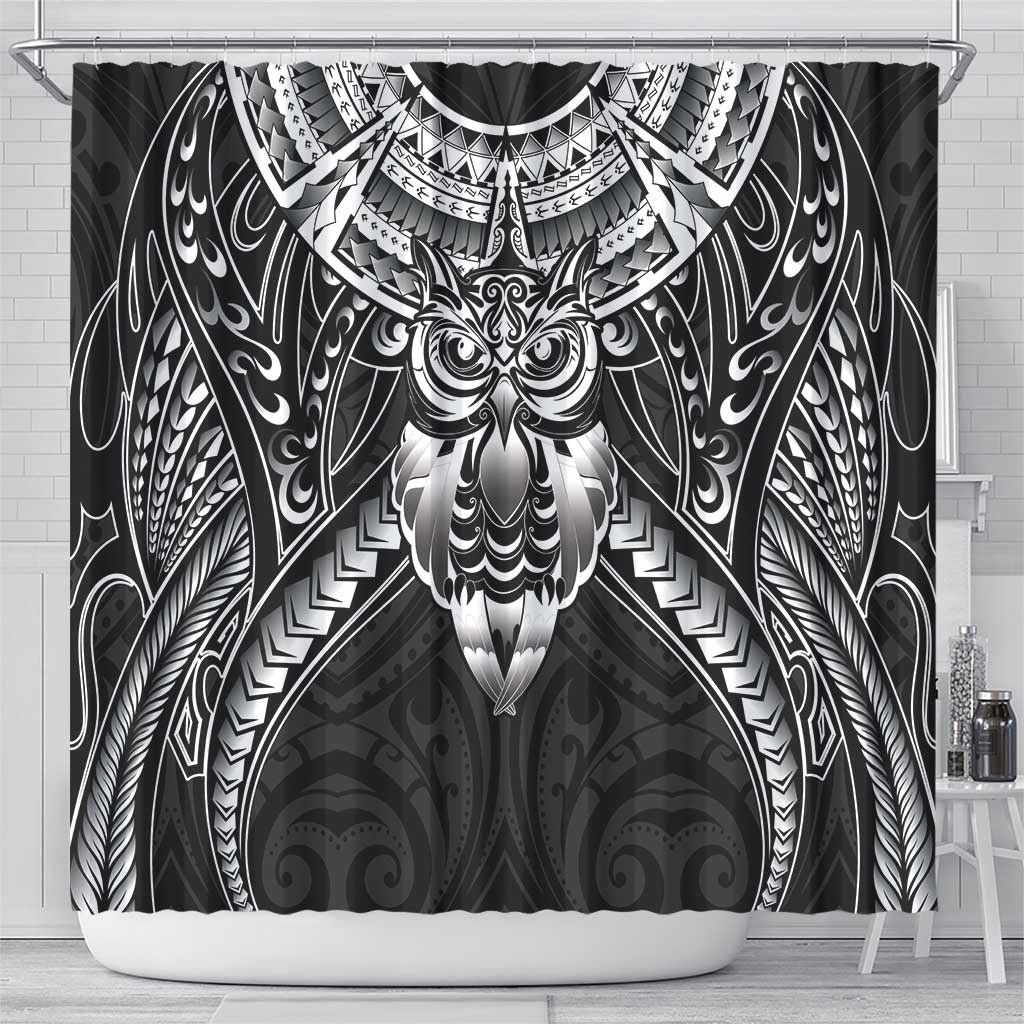 New Zealand Morepork Shower Curtain Maori Pattern Black