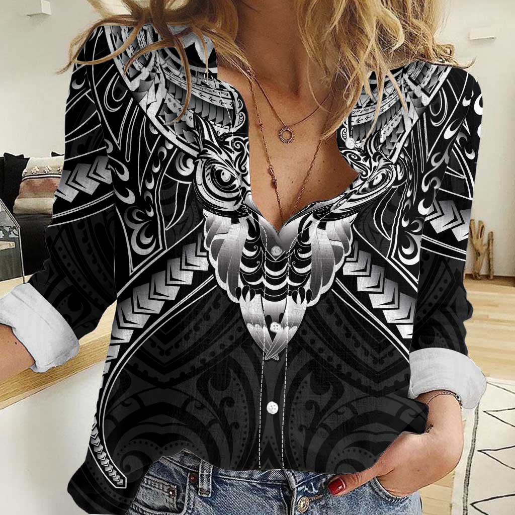 New Zealand Morepork Women Casual Shirt Maori Pattern Black