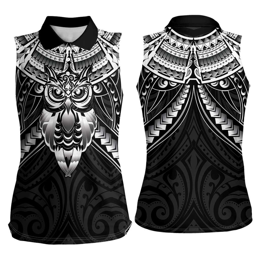 New Zealand Morepork Women Sleeveless Polo Shirt Maori Pattern Black