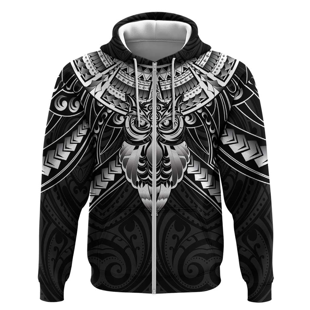 New Zealand Morepork Zip Hoodie Maori Pattern Black LT05 Zip Hoodie Black - Polynesian Pride