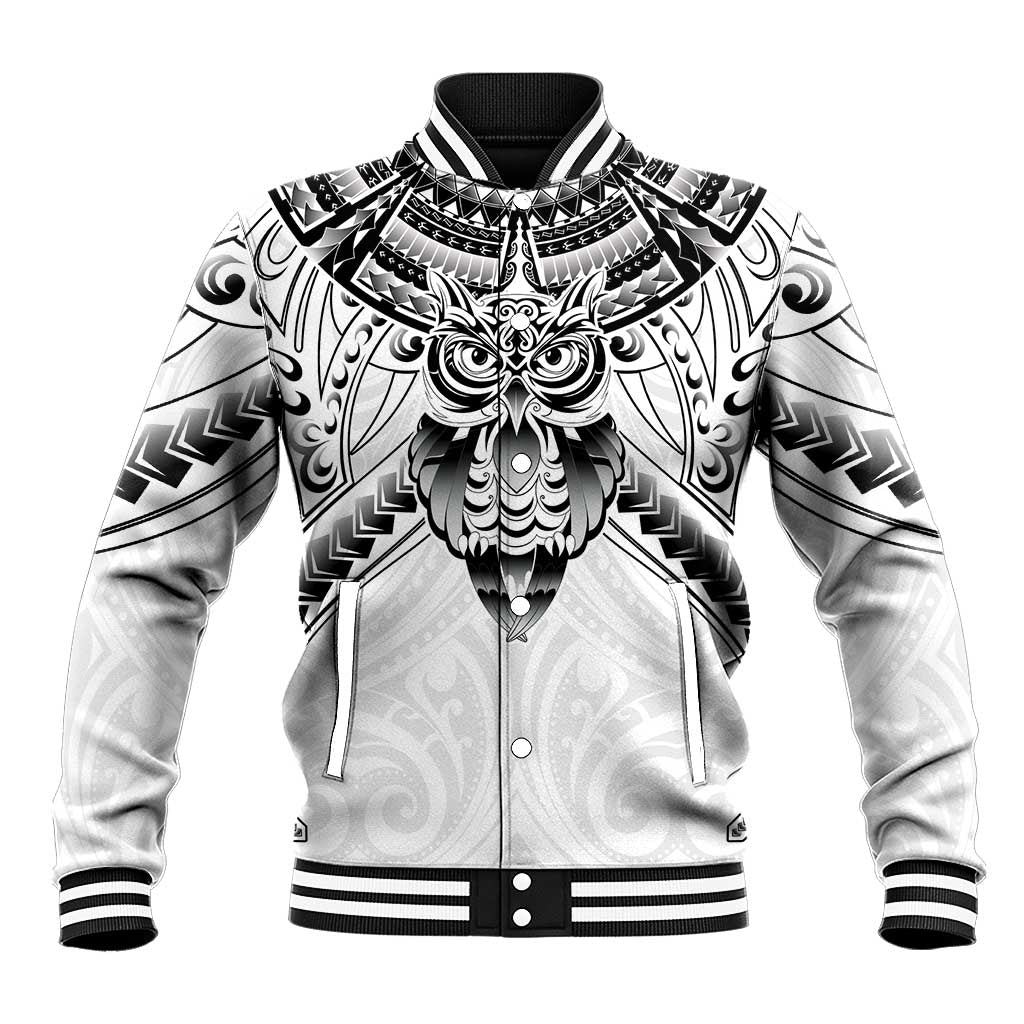 New Zealand Morepork Baseball Jacket Maori Pattern White LT05 Unisex White - Polynesian Pride