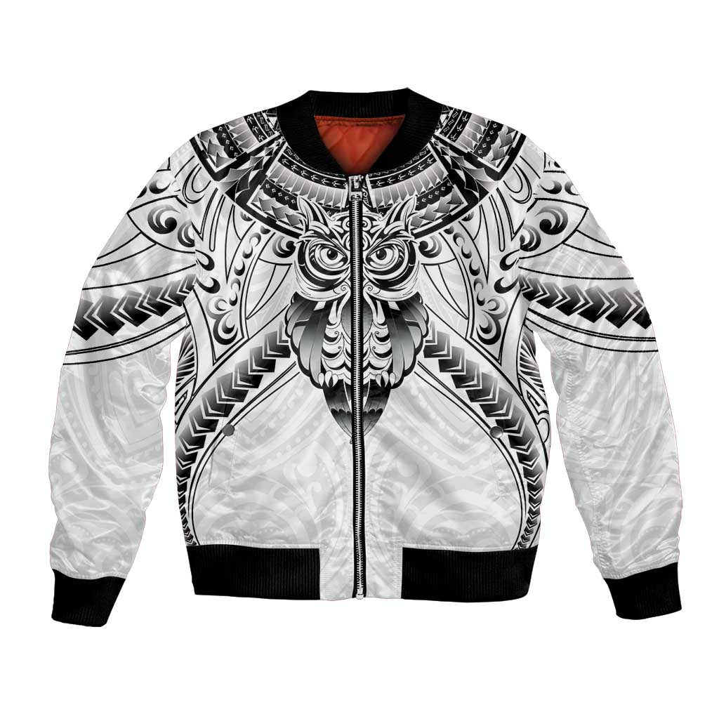 New Zealand Morepork Bomber Jacket Maori Pattern White LT05 Unisex White - Polynesian Pride