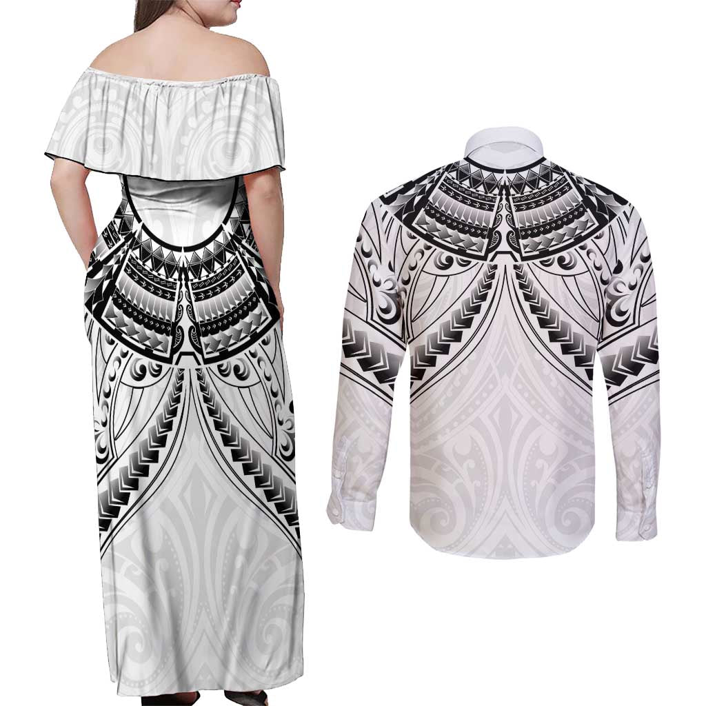 New Zealand Morepork Couples Matching Off Shoulder Maxi Dress and Long Sleeve Button Shirt Maori Pattern White LT05 - Polynesian Pride