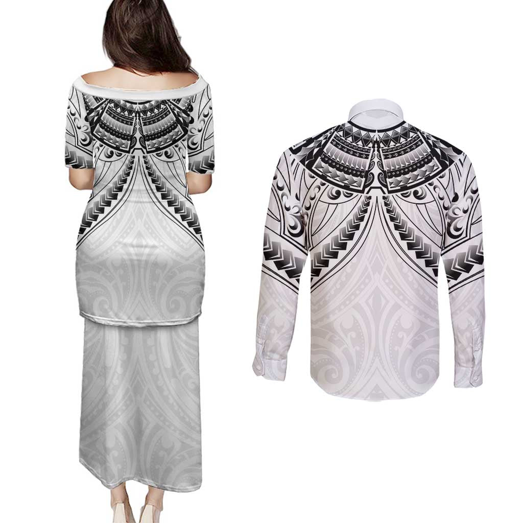 New Zealand Morepork Couples Matching Puletasi and Long Sleeve Button Shirt Maori Pattern White LT05 - Polynesian Pride