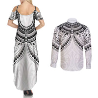 New Zealand Morepork Couples Matching Summer Maxi Dress and Long Sleeve Button Shirt Maori Pattern White LT05 - Polynesian Pride
