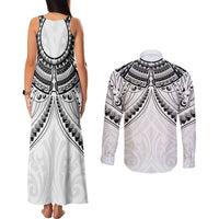 New Zealand Morepork Couples Matching Tank Maxi Dress and Long Sleeve Button Shirt Maori Pattern White LT05 - Polynesian Pride
