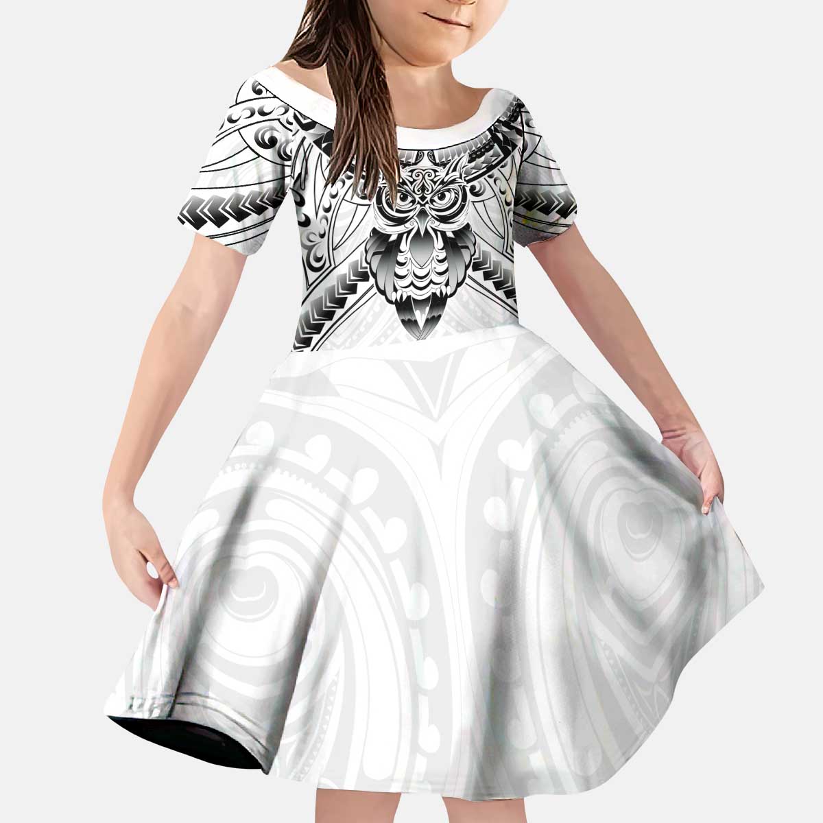 New Zealand Morepork Kid Short Sleeve Dress Maori Pattern White LT05 KID White - Polynesian Pride