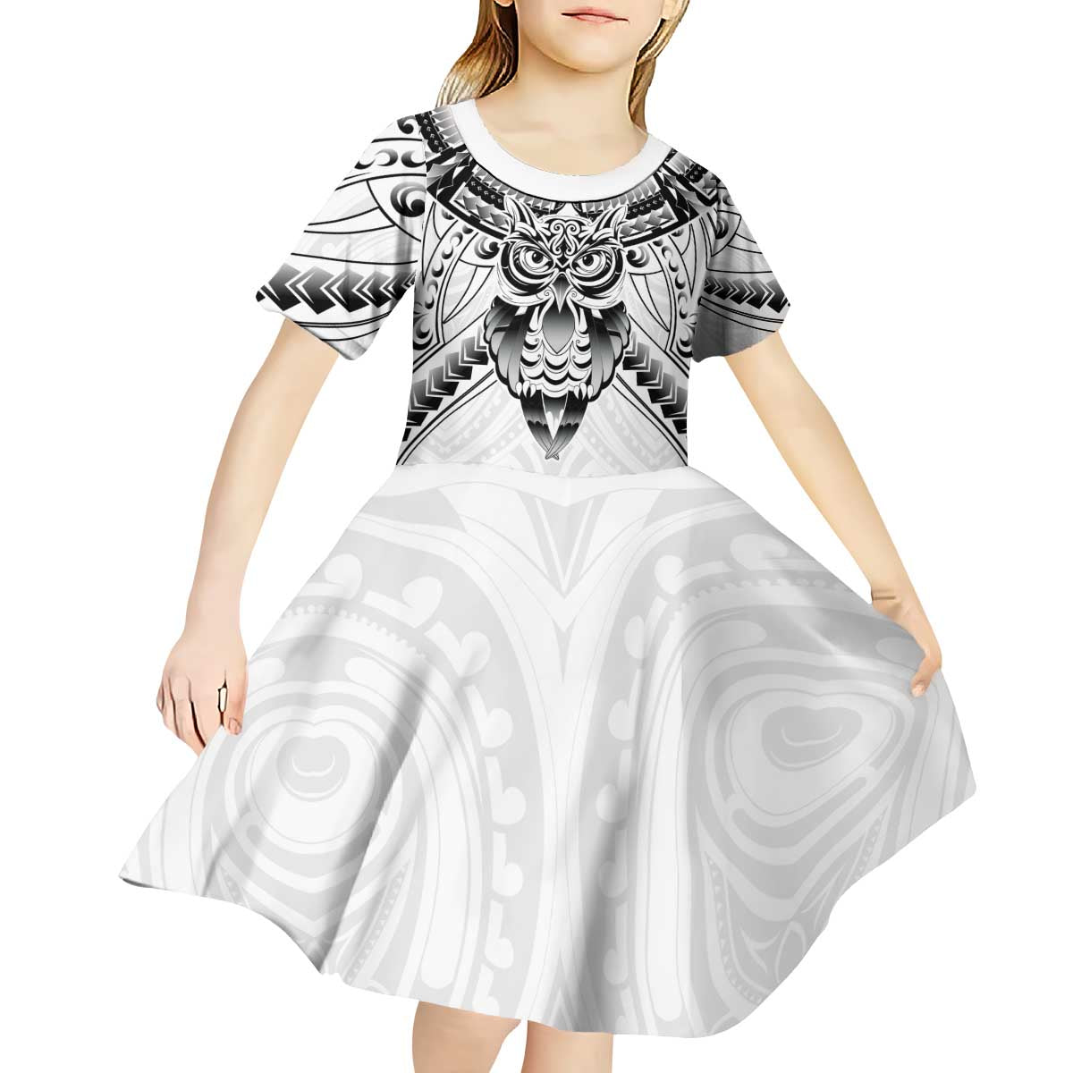 New Zealand Morepork Kid Short Sleeve Dress Maori Pattern White LT05 - Polynesian Pride