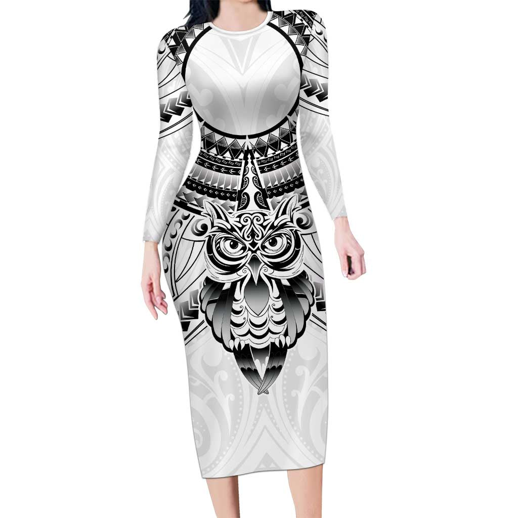 New Zealand Morepork Long Sleeve Bodycon Dress Maori Pattern White