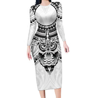 New Zealand Morepork Long Sleeve Bodycon Dress Maori Pattern White