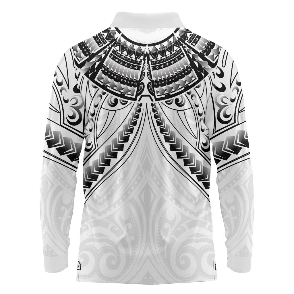 New Zealand Morepork Long Sleeve Polo Shirt Maori Pattern White