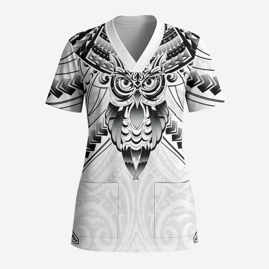 New Zealand Morepork Scrub Top Maori Pattern White - Polynesian Pride