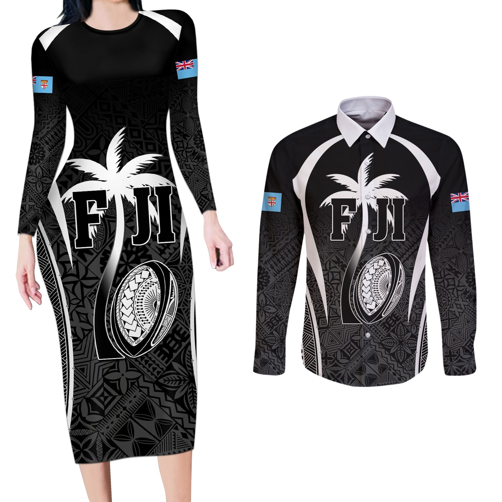 Custom Fiji Rugby Couples Matching Long Sleeve Bodycon Dress and Long Sleeve Button Shirt Fijian Warrior Black
