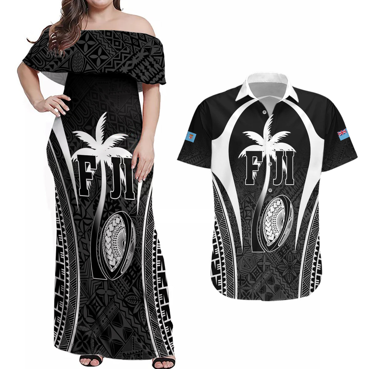 Custom Fiji Rugby Couples Matching Off Shoulder Maxi Dress and Hawaiian Shirt Fijian Warrior Black