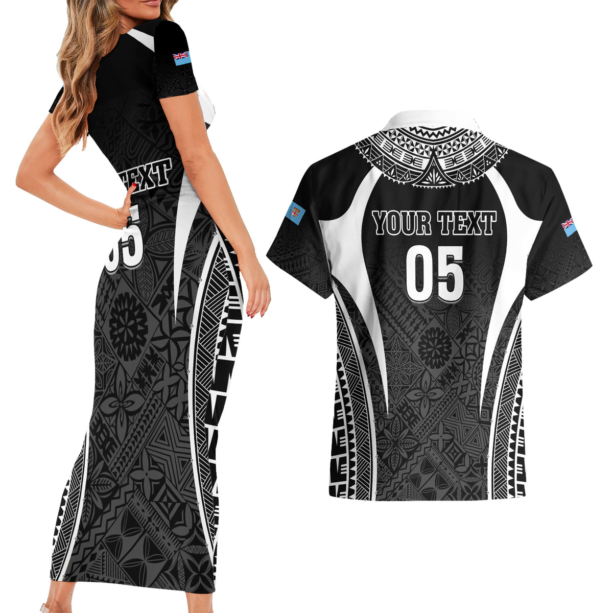 Custom Fiji Rugby Couples Matching Short Sleeve Bodycon Dress and Hawaiian Shirt Fijian Warrior Black LT05 - Polynesian Pride