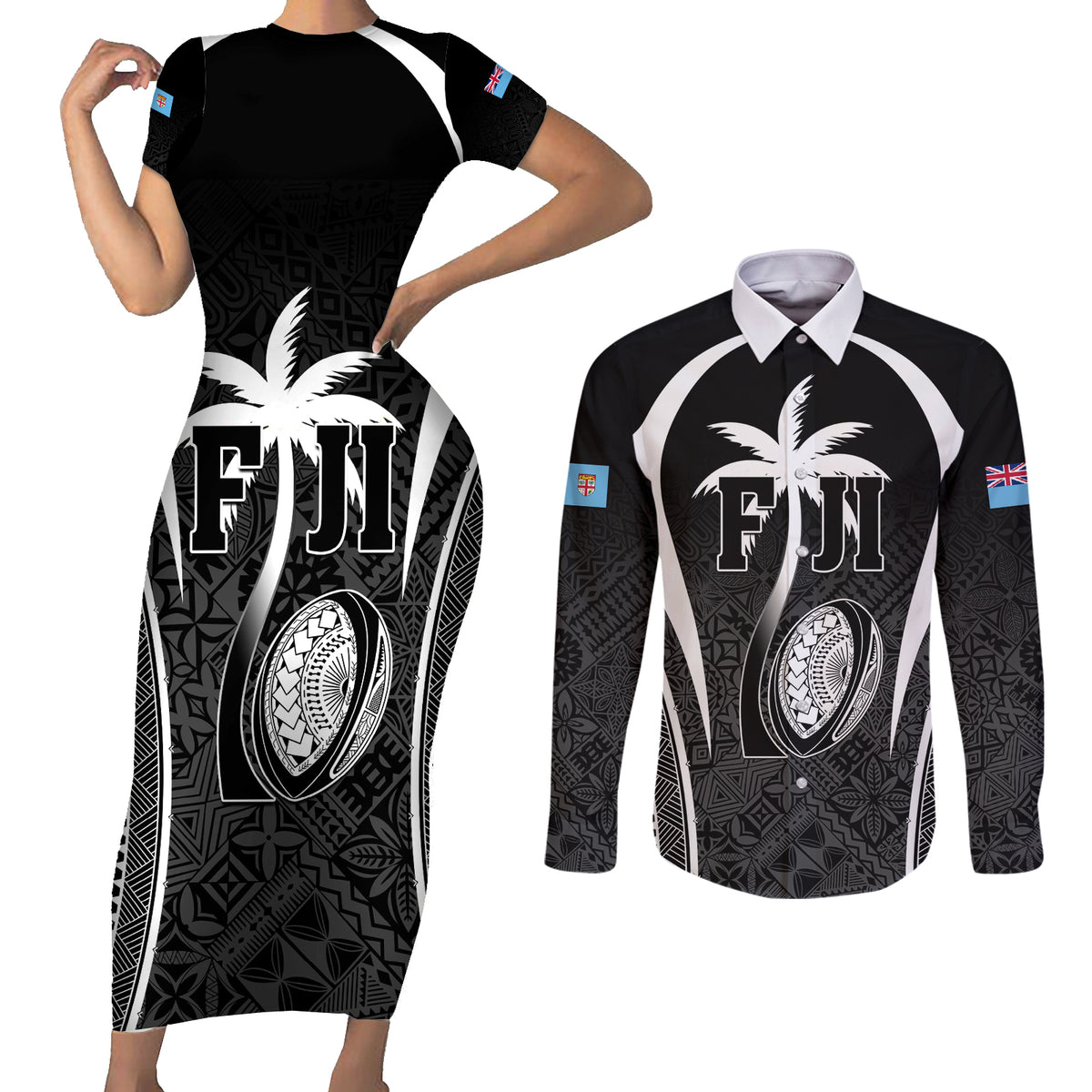 Custom Fiji Rugby Couples Matching Short Sleeve Bodycon Dress and Long Sleeve Button Shirt Fijian Warrior Black LT05 Black - Polynesian Pride