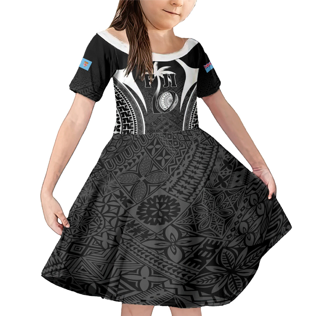 Custom Fiji Rugby Family Matching Mermaid Dress and Hawaiian Shirt Fijian Warrior Black LT05 Daughter's Dress Black - Polynesian Pride