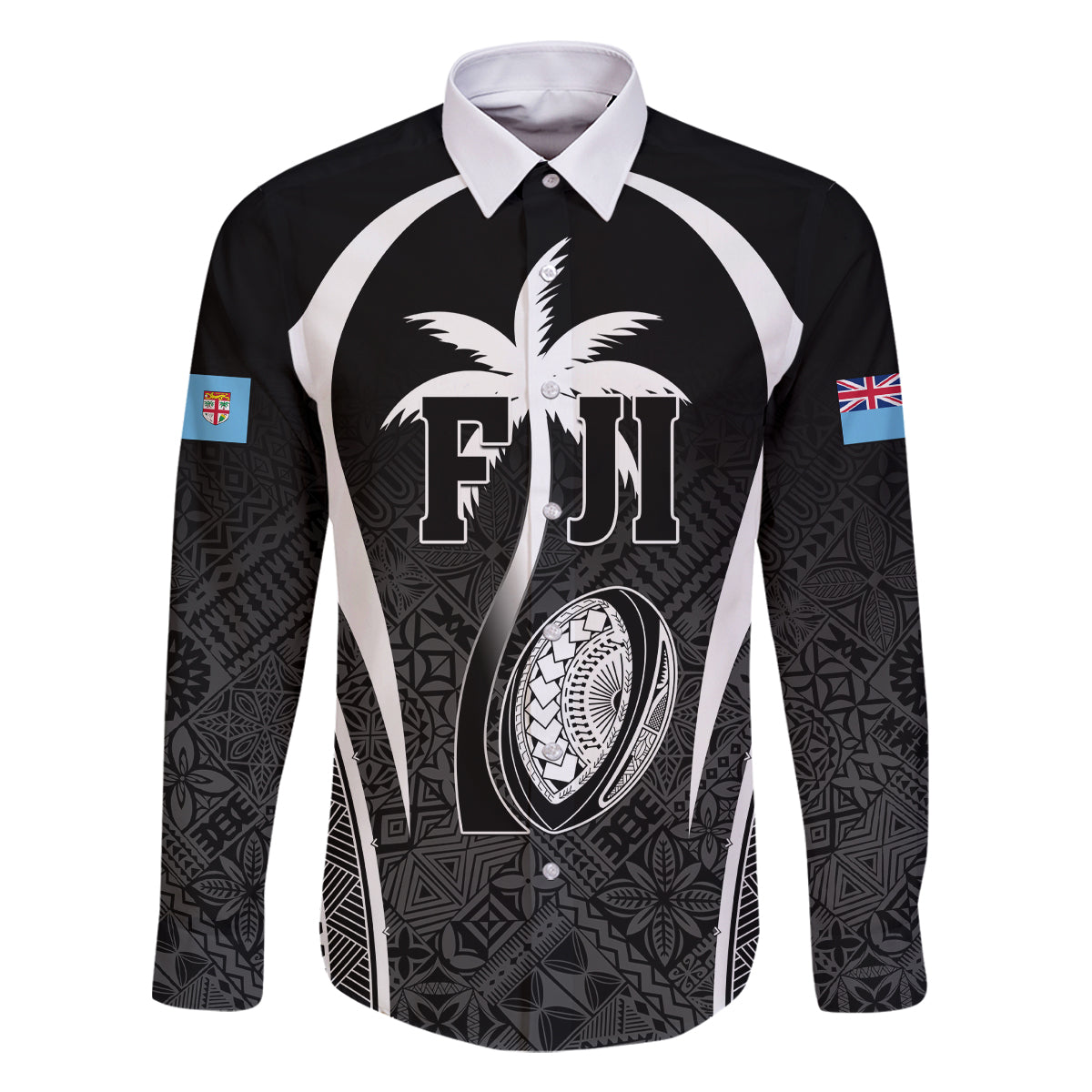 Custom Fiji Rugby Family Matching Mermaid Dress and Hawaiian Shirt Fijian Warrior Black LT05 Dad's Shirt - Long Sleeve Black - Polynesian Pride