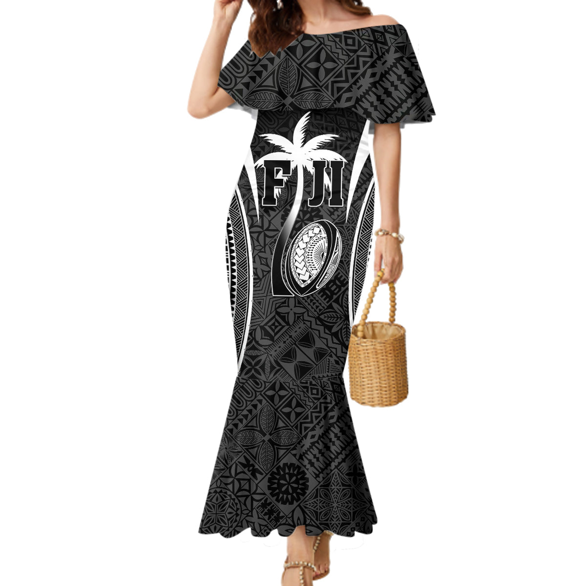 Custom Fiji Rugby Family Matching Mermaid Dress and Hawaiian Shirt Fijian Warrior Black LT05 Mom's Dress Black - Polynesian Pride