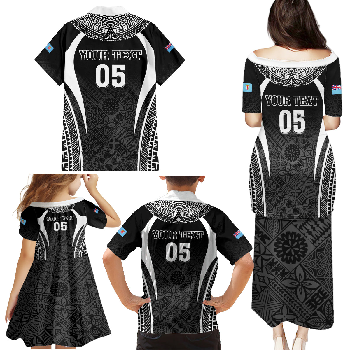 Custom Fiji Rugby Family Matching Puletasi and Hawaiian Shirt Fijian Warrior Black LT05 - Polynesian Pride