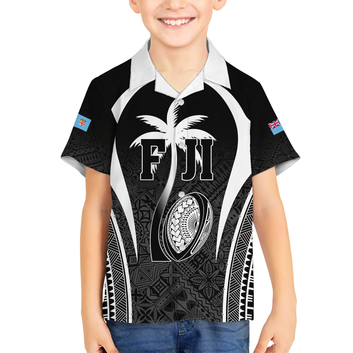 Custom Fiji Rugby Family Matching Puletasi and Hawaiian Shirt Fijian Warrior Black LT05 Son's Shirt Black - Polynesian Pride